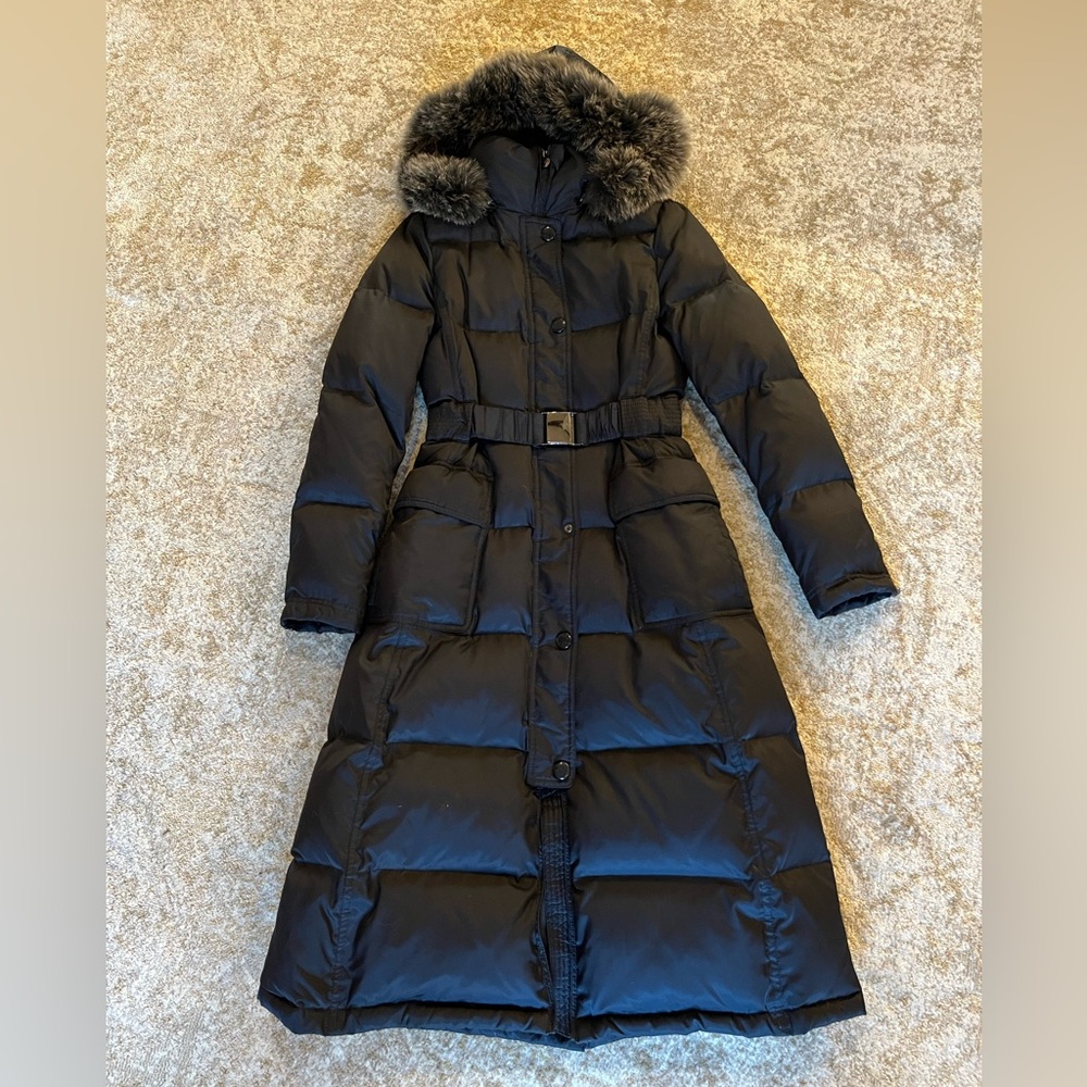 Laundry by Shelli Segal Maxi Belted Puffer with Real Fur Hood, Size S EUC